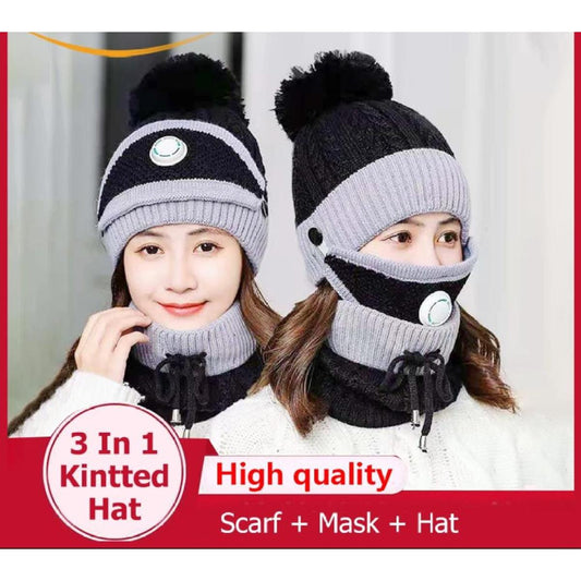 3PCS Knitted Hat Scarf Cap Breathable Mask Winter Warm Crochet Neck Knit Baggy Beanie Wool Skull Hat Ski Cap Scarf Beanie Scarf Bonnet Warm Hairball Baggy Hat Mask with Breathing valve