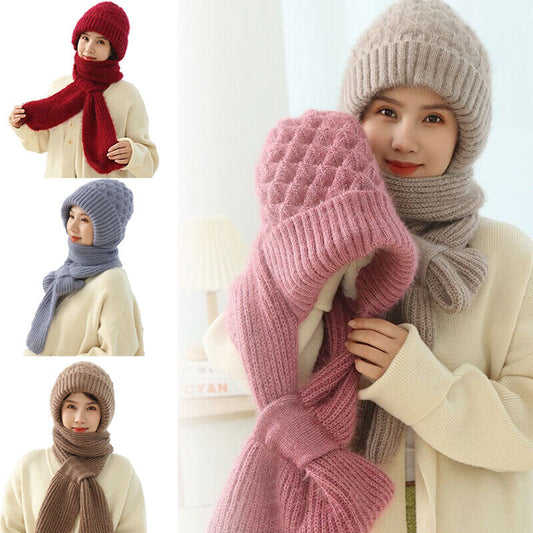 2 in 1 Knit Scarf Beanie Set Winter Stripes Cap Warm Knitted Hat Scarf Set Windproof Hats for Women